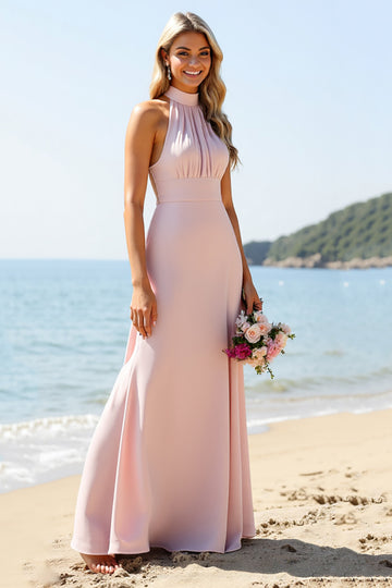 Halter A Line Long Candy Pink Bridesmaid Dress